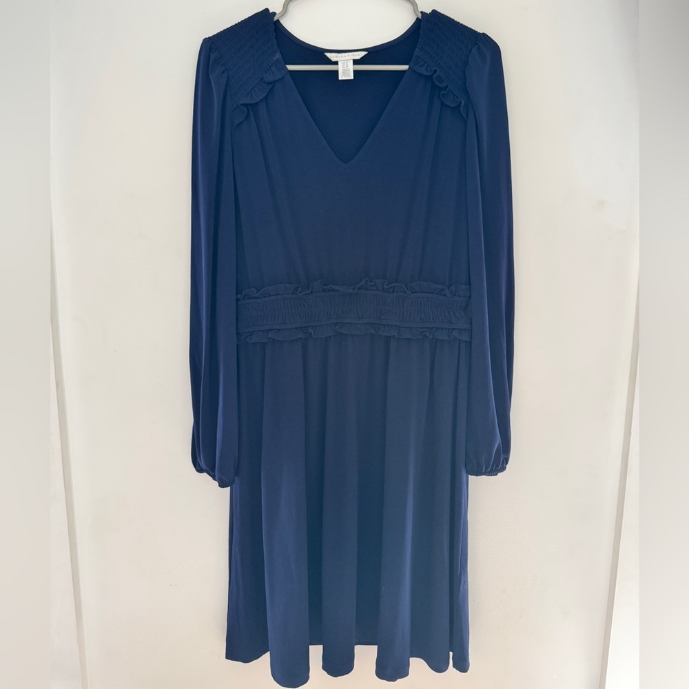V-Neck Long Sleeve Navy Dress with Ruffle Waist